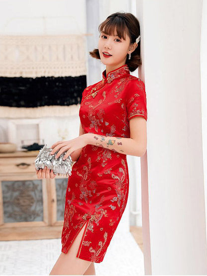 Burgundy&Red Plum Blossom Print Stand Collar Short Cheongsam