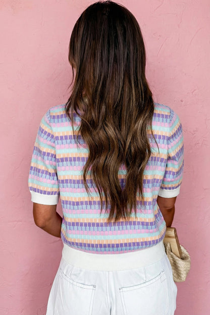 Rose Red Abstract Striped Knit Short Sleeve Sweater