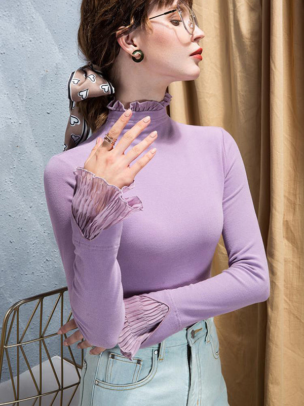 Flared Sleeves Long Sleeves Pleated Ruffled Solid Color High Neck T-Shirts Tops