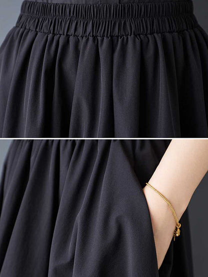 A-Line Loose Asymmetric Elasticity Pleated Pockets Solid Color Skirts Bottoms
