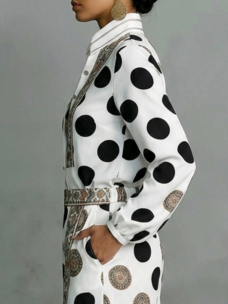 Long Sleeves Loose Buttoned Contrast Color Polka Dot Printed Stand Collar Blouses&Shirts Tops