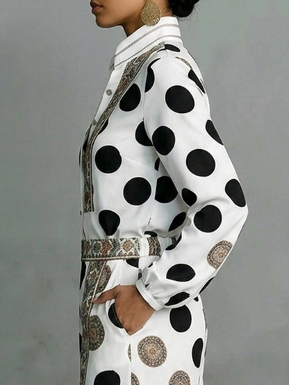 Long Sleeves Loose Buttoned Contrast Color Polka Dot Printed Stand Collar Blouses&Shirts Tops