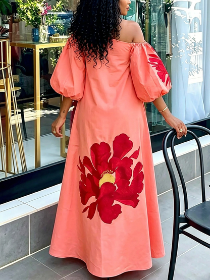 Puff Sleeves Three-Quarter Sleeves Contrast Color Elasticity Flower Print One-Shoulder Maxi Dresses