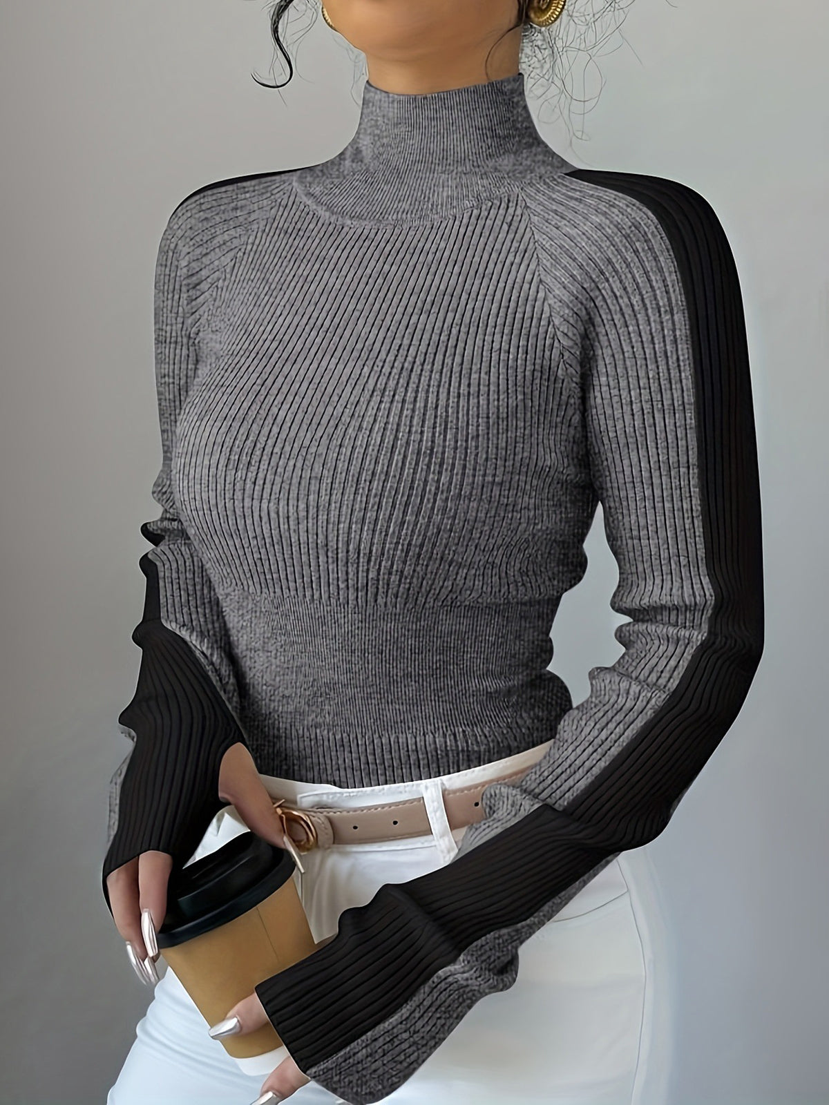 Contrast Color Skinny Long Sleeves High-neck Sweater Tops Pullovers