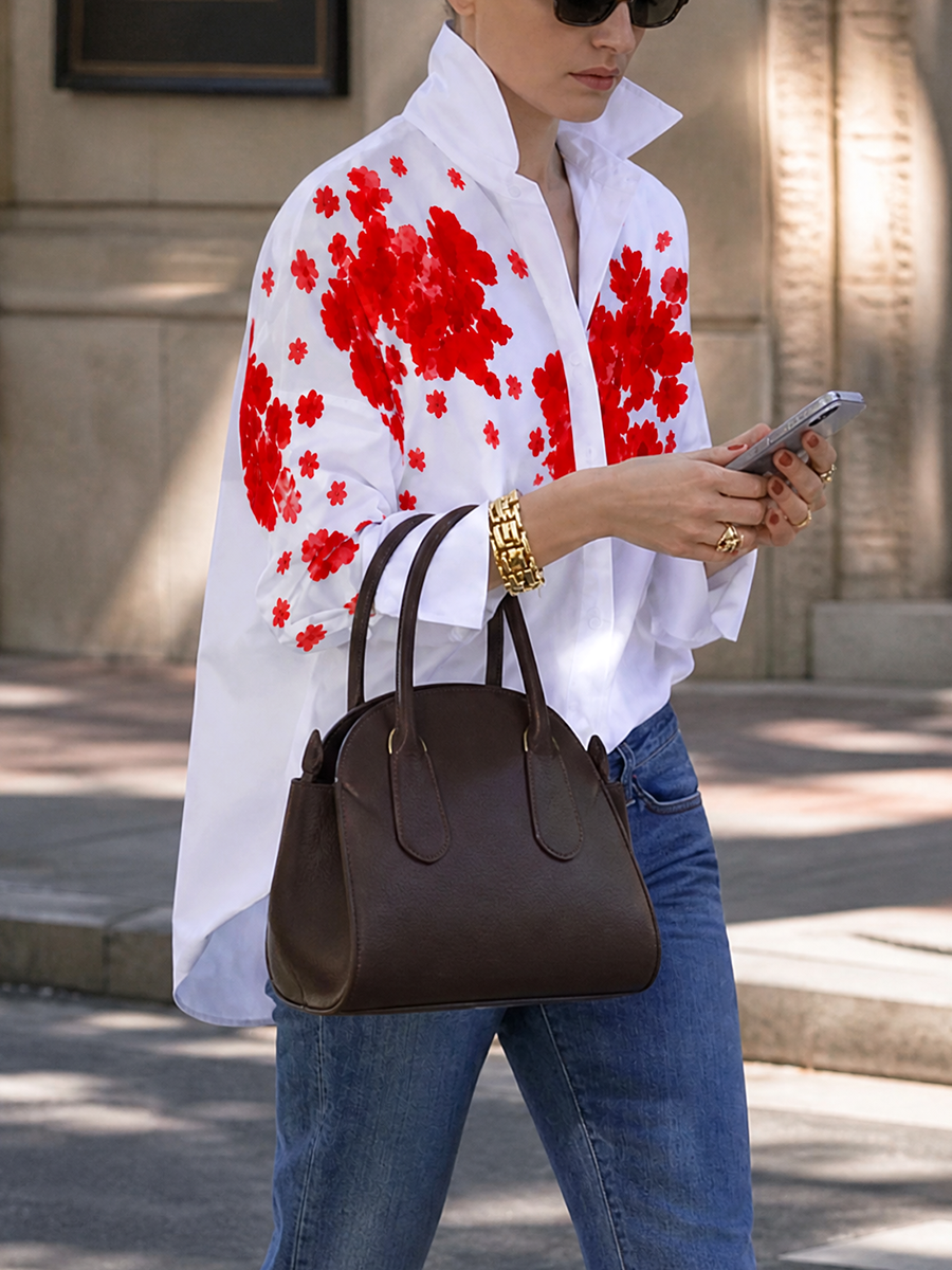 Tied Split-Joint Flower Print Buttoned Loose Long Sleeves V-neck Blouses&shirts Tops