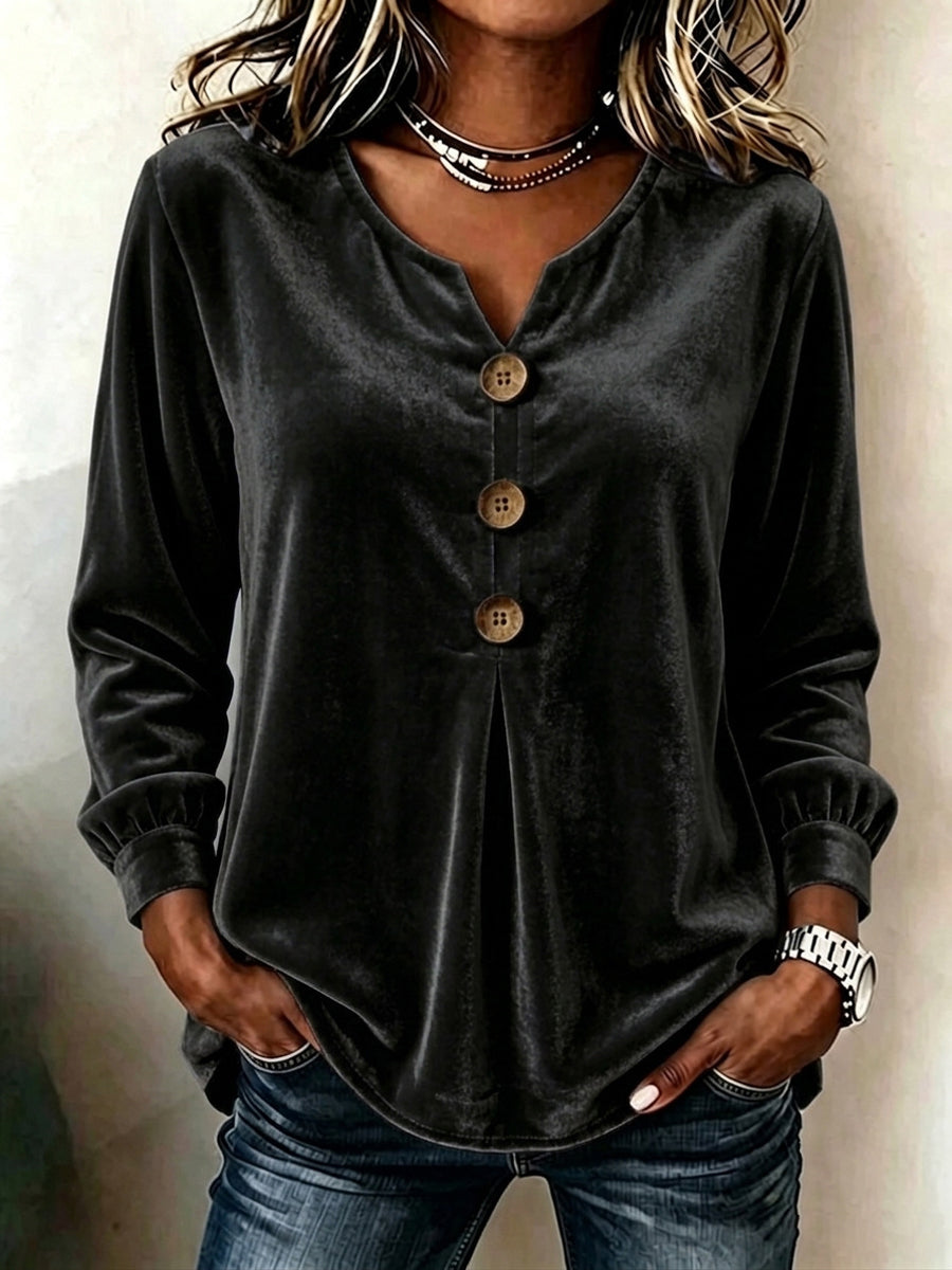 Velvet Solid Color Pleated Buttoned Loose Long Sleeves V-neck T-Shirts Tops
