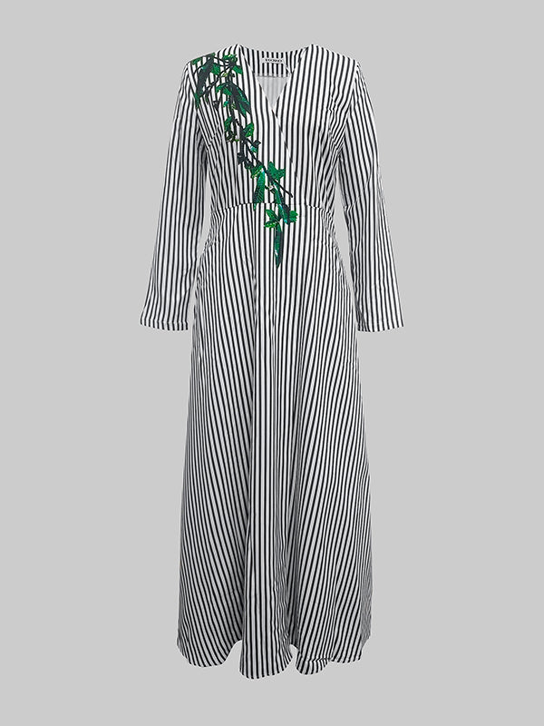 A-Line Loose Asymmetric Split-Joint Striped V-Neck Maxi Dresses Shirt Dress