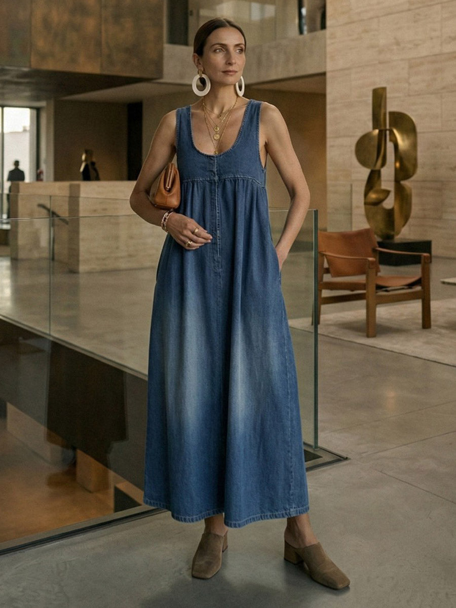 A-Line Loose Pleated Pockets Solid Color U-Neck Maxi Dresses