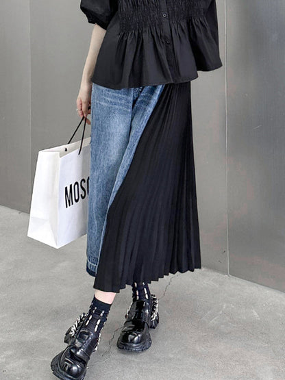 Lockere neunte Hose, kontrastfarbene, plissierte Jeanshose mit geteiltem Bund 