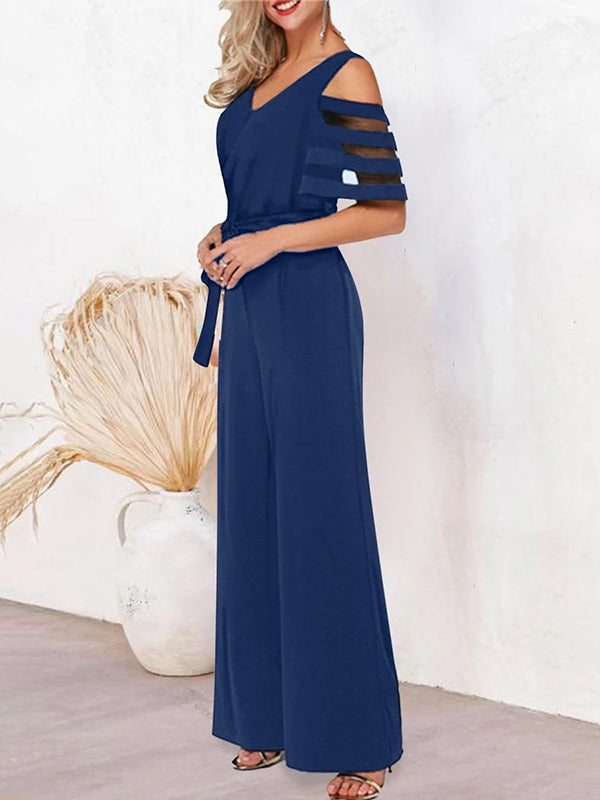 High Waisted Loose Hollow Mesh Solid Color Tied Waist V-Neck Jumpsuits