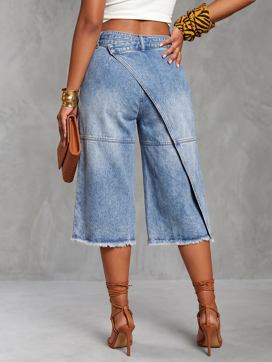 False Two High Waisted Asymmetric Fringed Pockets Tied Waist Denim Shorts