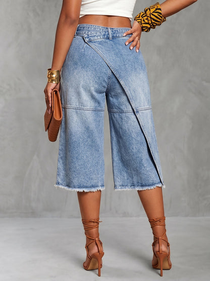 False Two High Waisted Asymmetric Fringed Pockets Tied Waist Denim Shorts