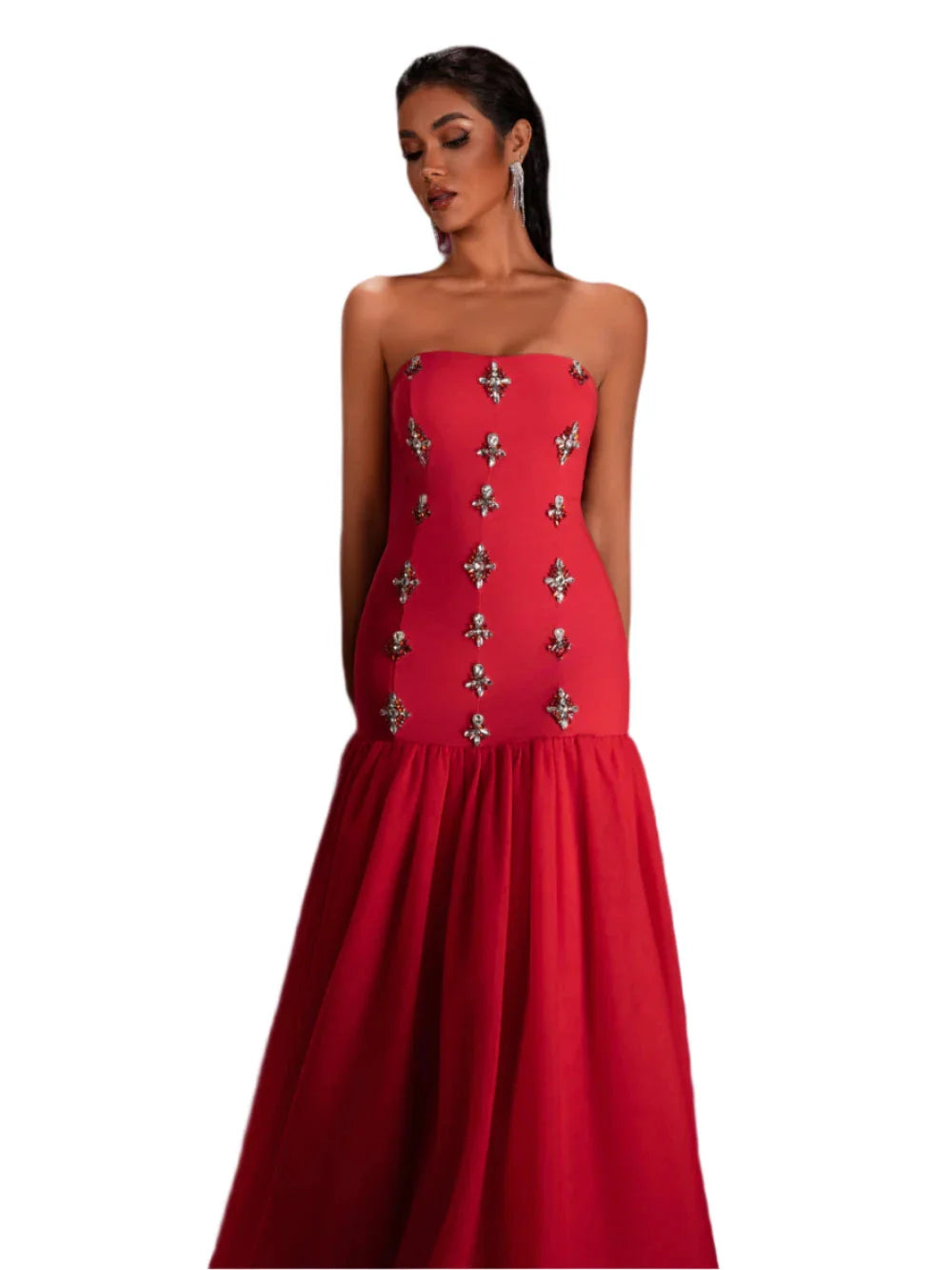 CAROL Crystal-Embellished Tulle Red Strapless Gown