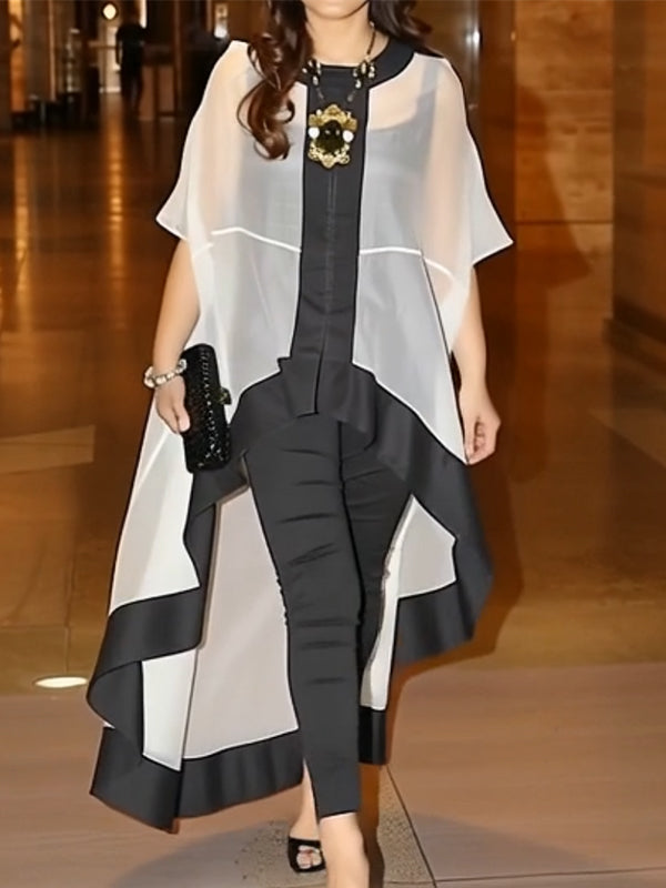 Chemisiers et chemises à col rond, manches chauve-souris, en gaze transparente, asymétriques et fendues 