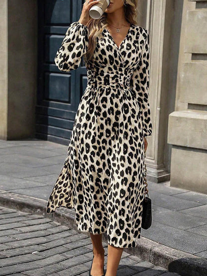 Elasticated Waist High Waisted Contrast Color Leopard Pleated Split-Joint V-Neck Maxi Dresses
