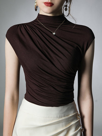 Skinny Pleated Solid Color Mock Neck T-Shirts Tops
