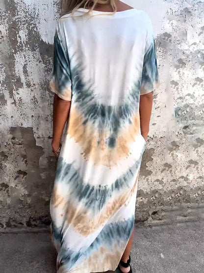 A-Line Loose Contrast Color Pockets Tie-Dyed V-Neck Maxi Dresses