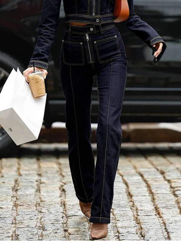 High Waisted Pockets Zipper Jean Pants Bottoms