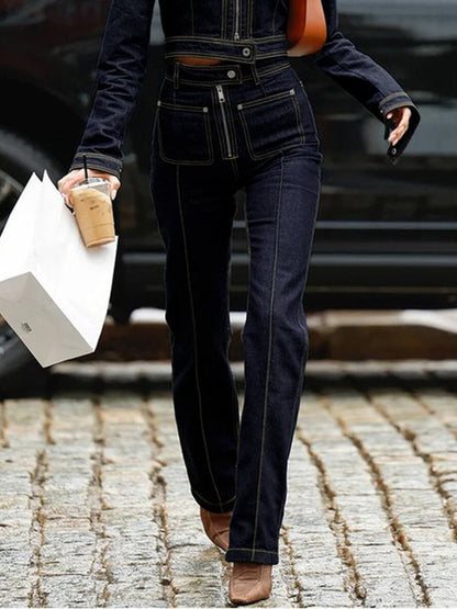 High Waisted Pockets Zipper Jean Pants Bottoms