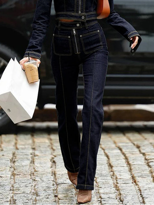 High Waisted Pockets Zipper Jean Pants Bottoms