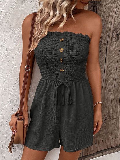 Loose Plus Size Buttoned Drawstring Elasticity Pockets Split-Joint Tube Rompers