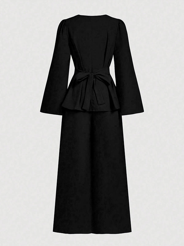 Long Sleeves Solid Color Split-Joint Tied Waist V-Neck Blouses&Shirts Tops