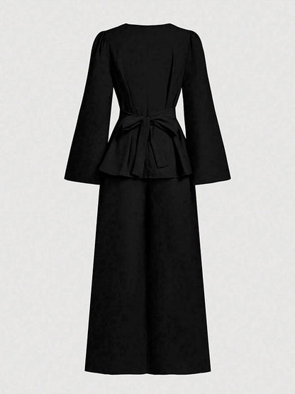 Long Sleeves Solid Color Split-Joint Tied Waist V-Neck Blouses&Shirts Tops