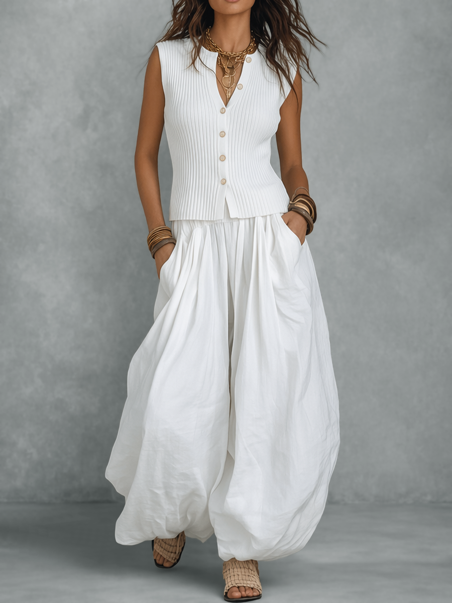 Loose Sleeveless Buttoned Ribbed Knit Solid Color V-Neck Vest Top