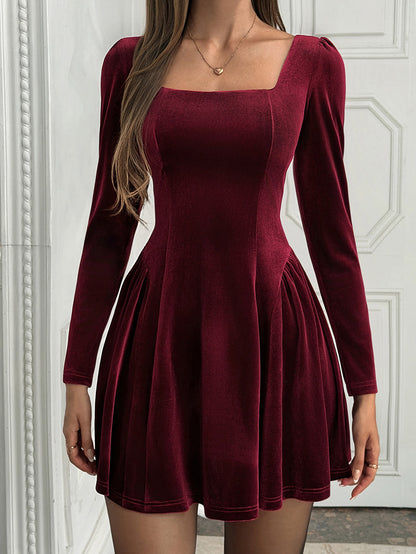 Velvet Tiered Solid Color Pleated Backless Long Sleeves High Waisted Square-neck Mini Dresses