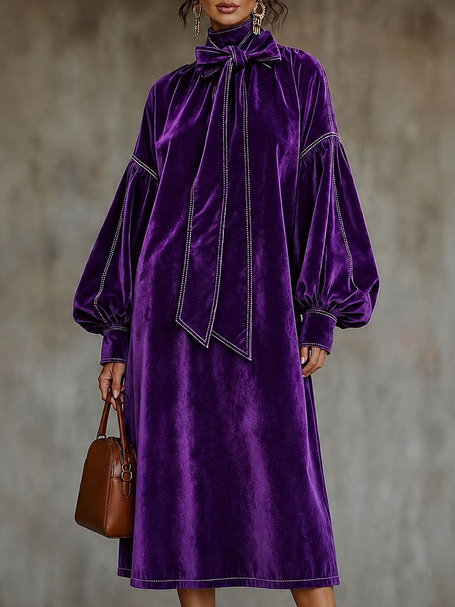 Split-Joint Knot Contrast Color Puff Sleeves Plus Size High-neck Midi Dresses