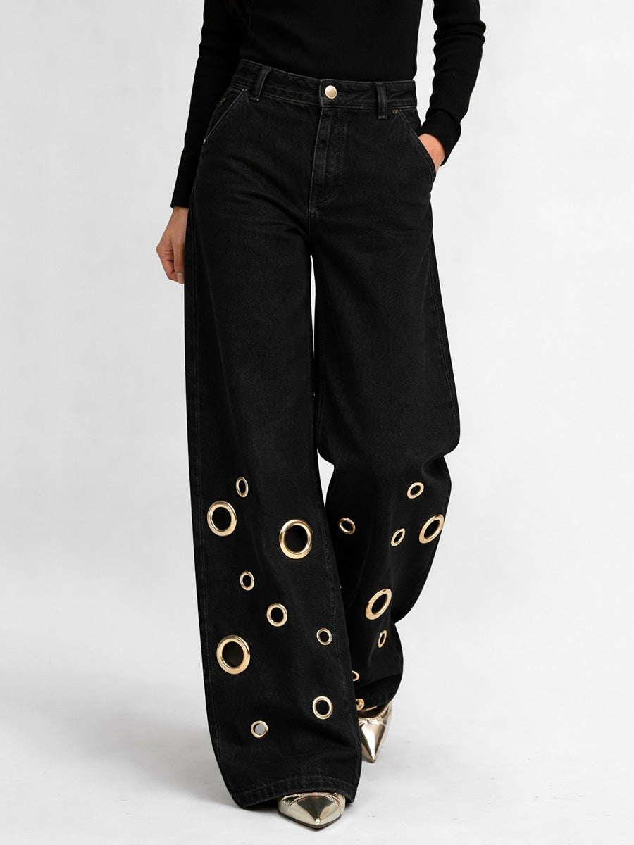 High Waisted Wide Leg Buttoned Hollow Pockets Solid Color Jean Pants Bottoms
