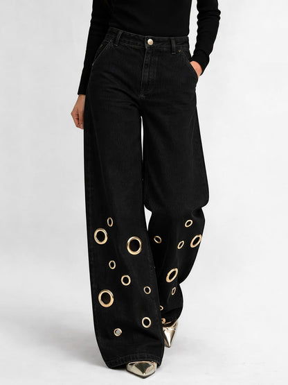 High Waisted Wide Leg Buttoned Hollow Pockets Solid Color Jean Pants Bottoms