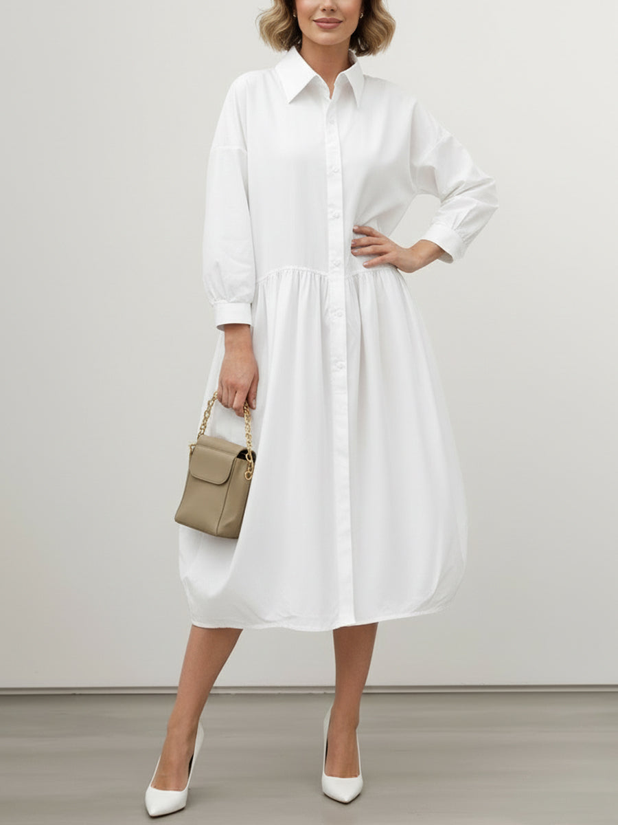 Long Sleeves Loose Buttoned Pleated Solid Color Split-Joint Lapel Midi Dresses