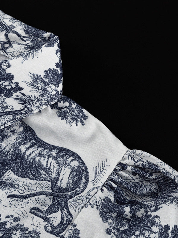 Loose Puff Sleeves Pleated Printed Split-Joint Tied Waist Lapel Mini Dresses Shirt Dress