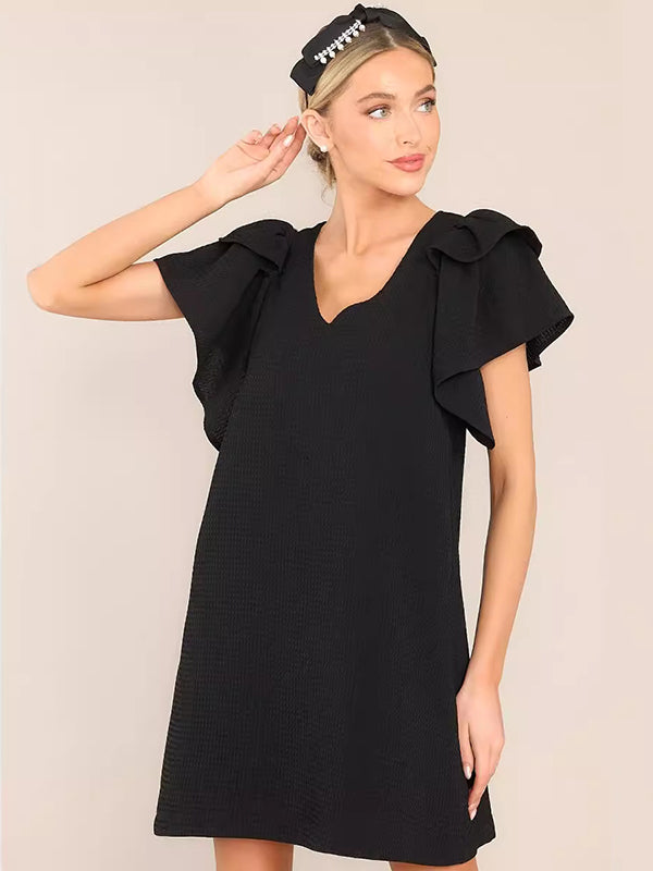Flared Sleeves Loose Comfort Solid Color V-Neck Mini Dresses