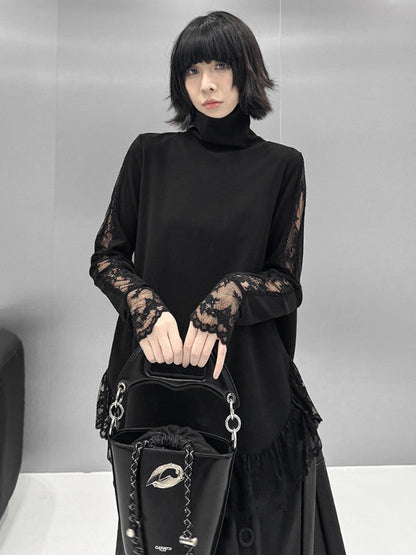 Hipster Long Sleeves See-Through Split-Joint High Neck T-Shirts Tops