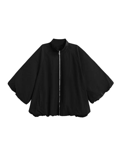 A-Line Long Sleeves Buttoned Solid Color Zipper Stand Collar Outerwear Windbreakers