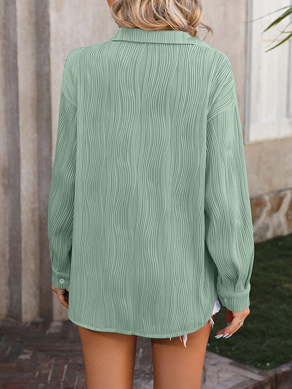 Long Sleeves Buttoned Jacquard Pleated Solid Color Blouses&Shirts Tops