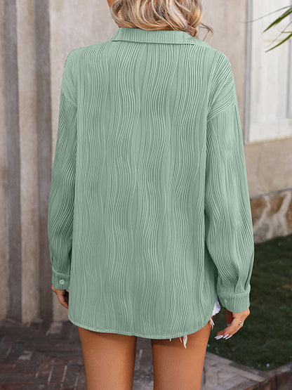 Long Sleeves Buttoned Jacquard Pleated Solid Color Blouses&Shirts Tops