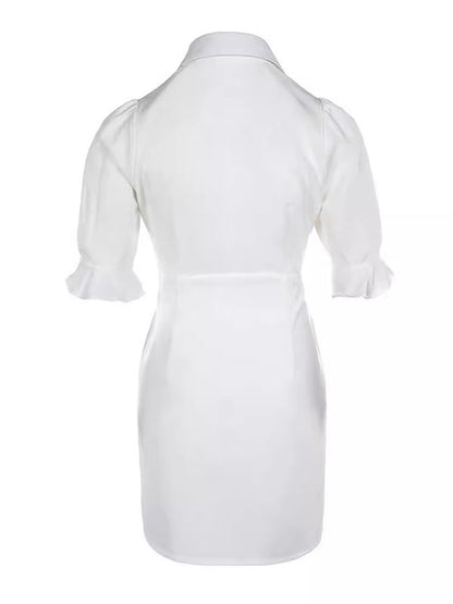 A-Line Flared Sleeves Buttoned Pleated Pockets Solid Color Split-Joint Lapel Mini Dresses Shirt Dress