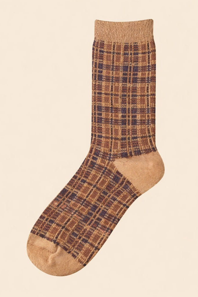 Classic Neutral Brown Plaid Crew Socks