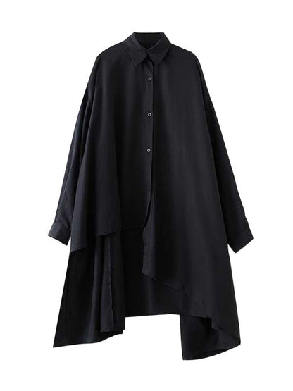 High-Low Long Sleeves Asymmetric Buttoned Solid Color Split-Joint Lapel Blouses&Shirts Tops