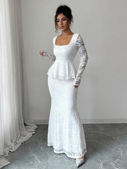 Bodycon Long Sleeves Flower Print Ruffled See-Through Solid Color Split-Joint Square-Neck Maxi Dresses