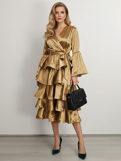 Flared Sleeves Belted Ruffled Shiny Tiered V-Neck Midi Dresses