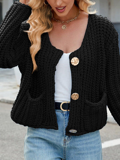 Solid Color Pockets Buttoned Sleeveless Loose V-neck Vest Outerwear