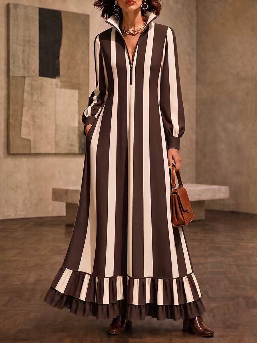 Zipper Striped Ruffled Pockets Contrast Color Loose Long Sleeves Stand Collar Maxi Dresses