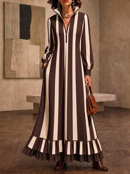 Zipper Striped Ruffled Pockets Contrast Color Loose Long Sleeves Stand Collar Maxi Dresses