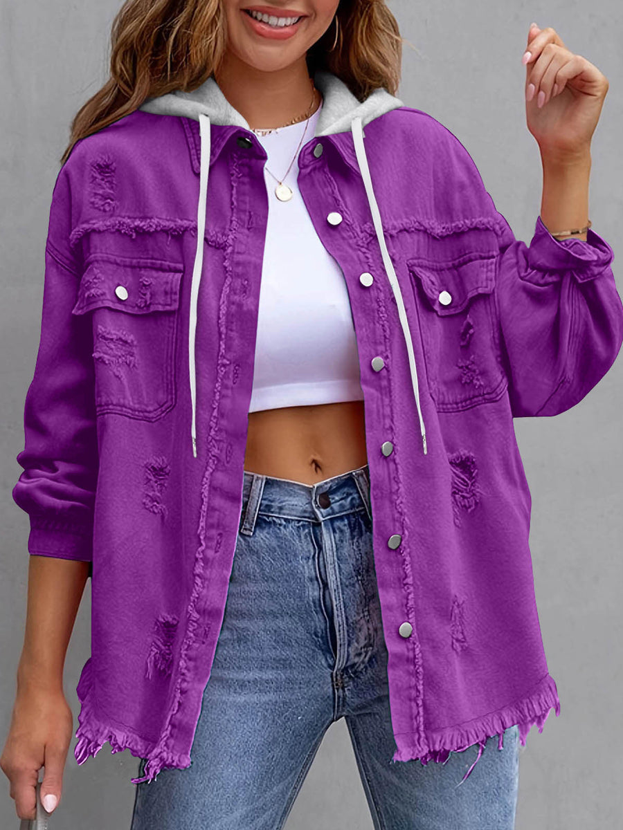 Split-Joint Pockets Fringed Buttoned Loose Long Sleeves Hooded Outerwear