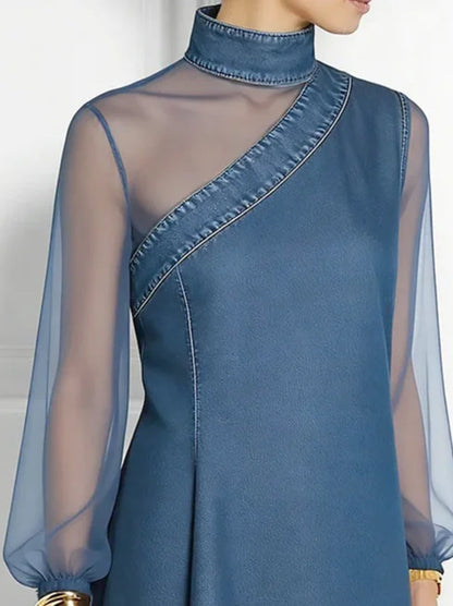 Split-Joint Mesh Asymmetric Puff Sleeves Long Sleeves Mock Neck Blouses&Shirts Tops