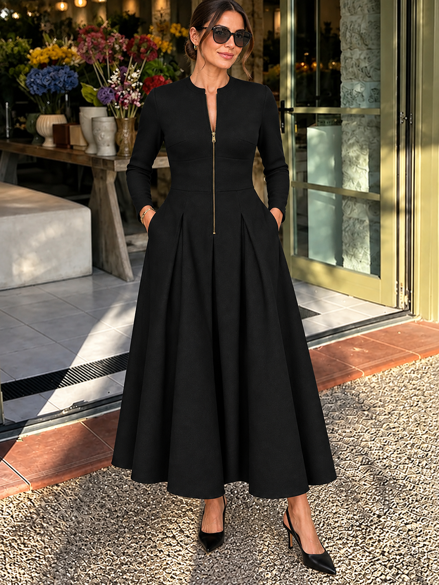 Zipper Solid Color Pockets Long Sleeves High Waisted Round-neck Maxi Dresses
